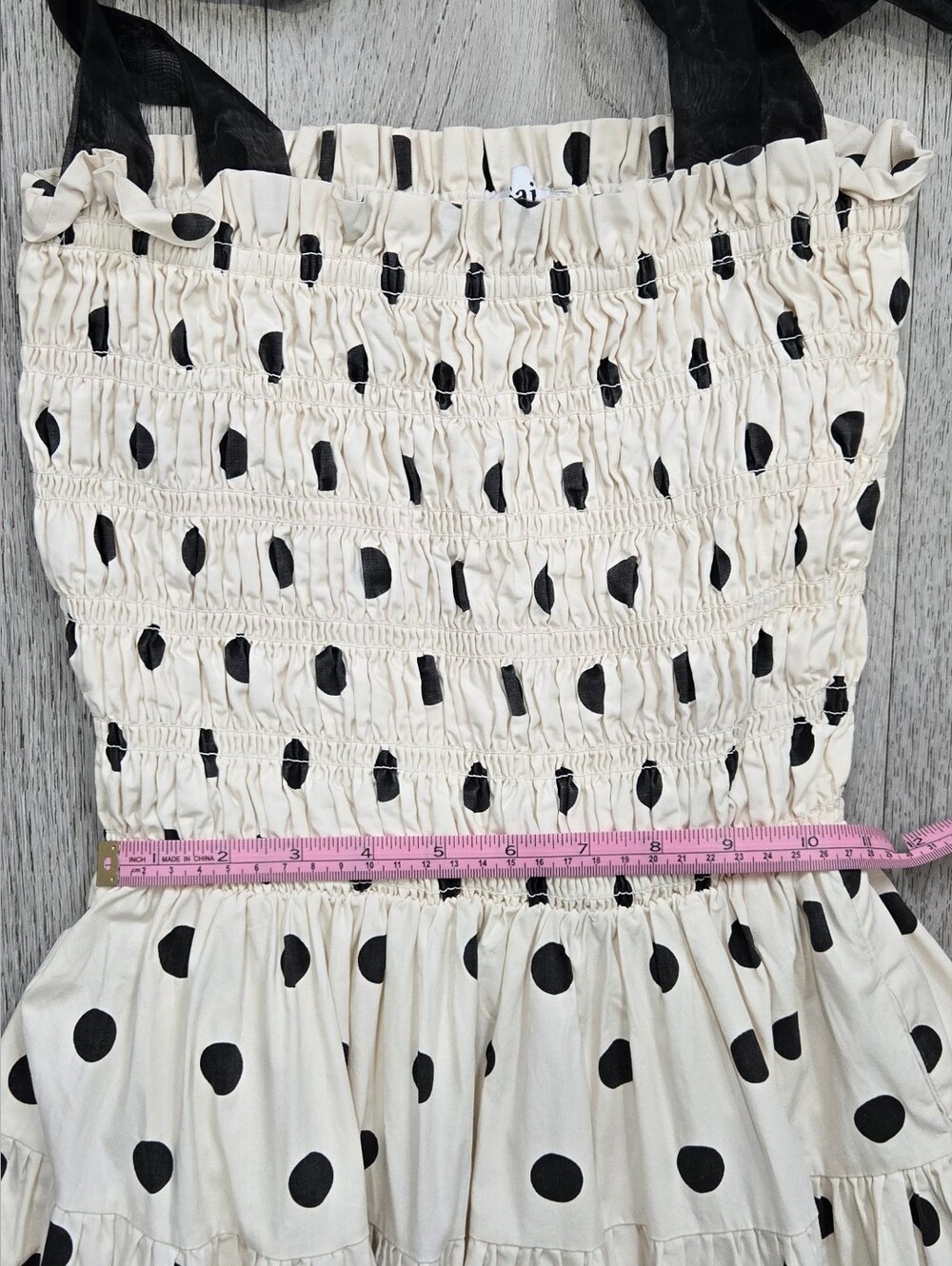 En Saison Polka Dot Smocked Tiered Maxi Dress Black Tulle Tie Shoulder Size S - Picture 6 of 14